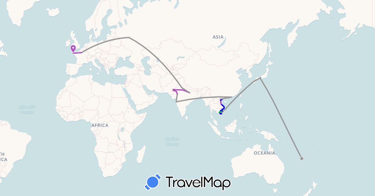 TravelMap itinerary: driving, bus, plane, train, motobike, dromadaire in France, Hong Kong, India, Japan, Cambodia, New Caledonia, Russia, Vietnam (Asia, Europe, Oceania)